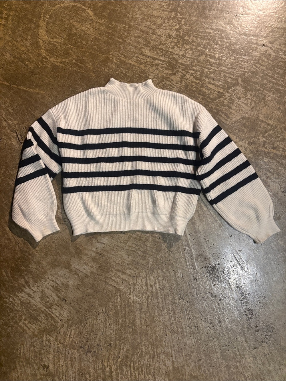 Zara White and Navy Striped Mock Neck Sweater